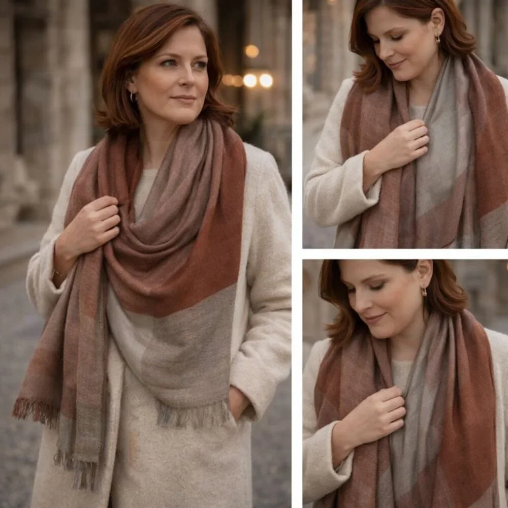🍂 Bloom & Give Oversized Vintage Woven Shawl / Scarf – Rust, Taupe & Soft Gray